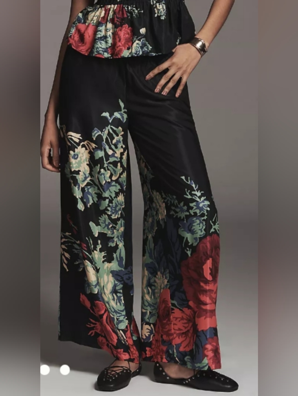 Anthropologie Black Wide-Leg Floral Palazzo Pants - Picture 2 of 7